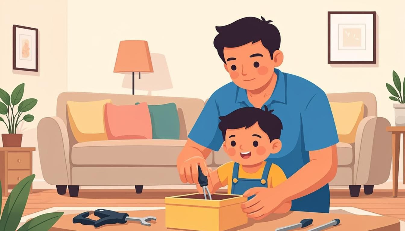A parent and child working together on a home repair project